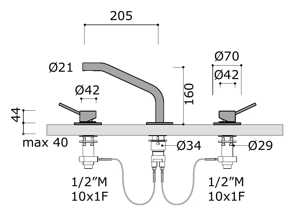 Three Hole Deck Mounted Basin Mixer Without Drain technical drawing with dimensions