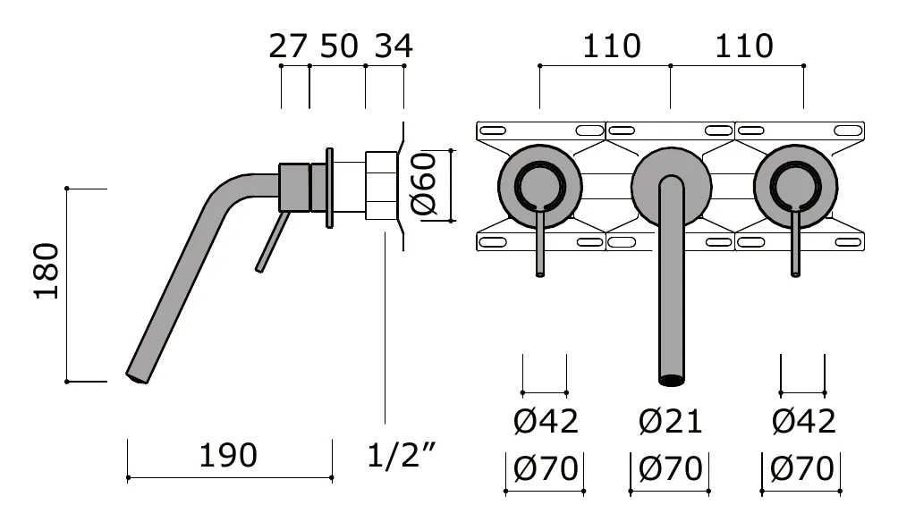 High Reach Wall Mounted Bath Spout With Hot And Cold Controls technical drawing with dimensions