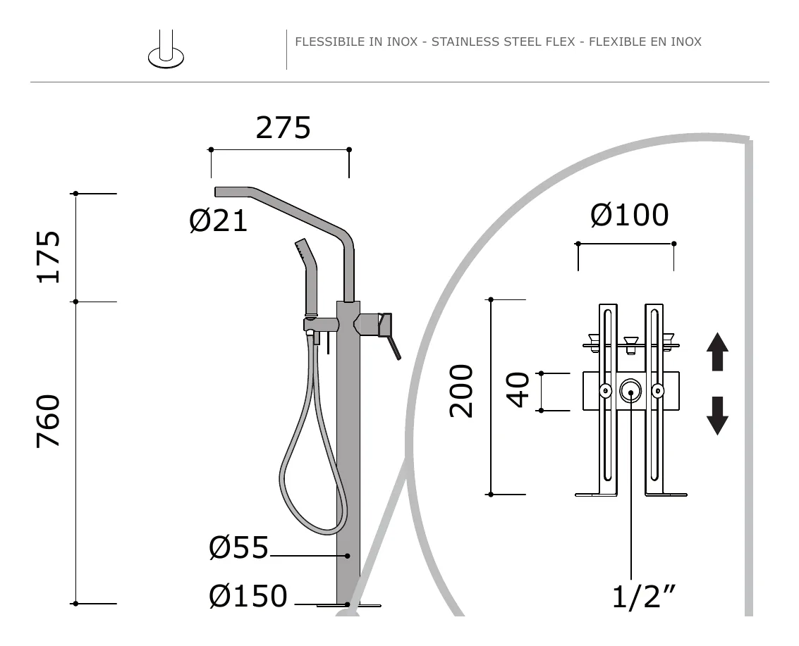 Freestanding Bath Filler Mixer With Handshower And Flexible Hose technical drawing with dimensions