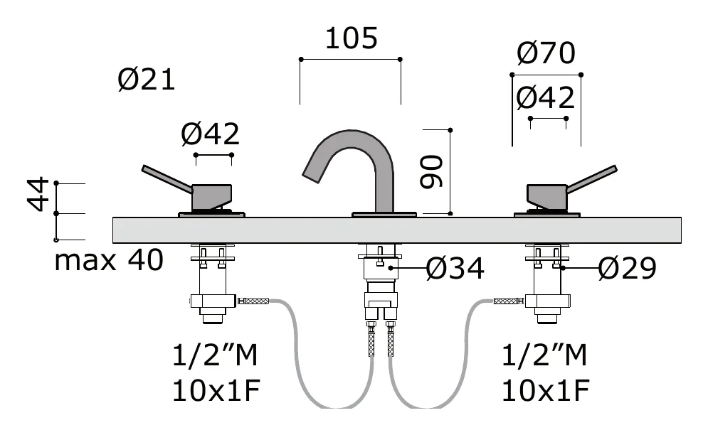 Three Hole Deck Mounted Bidet Mixer Set Without Drain technical drawing with dimensions