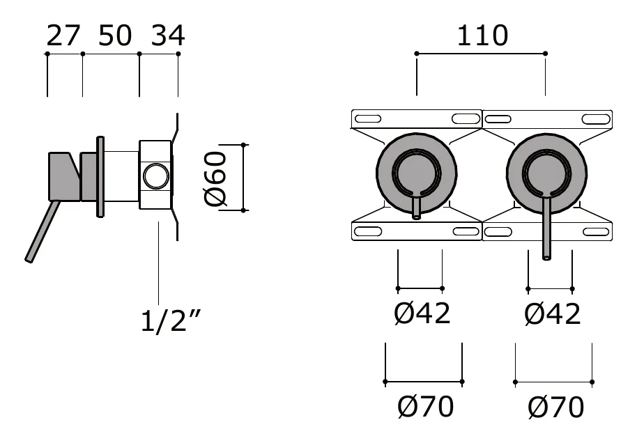 Wall Mounted Shower Mixer Set With Two Way Diverter technical drawing with dimensions