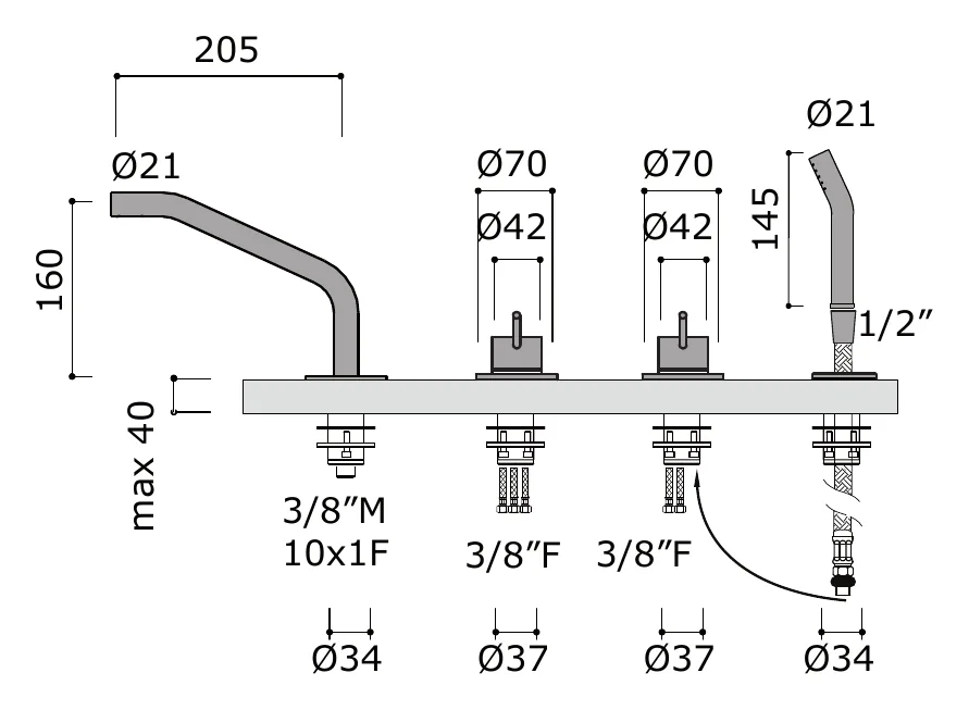 Deck Mounted Bathtub Filler Set With Spout And Two Mixers technical drawing with dimensions