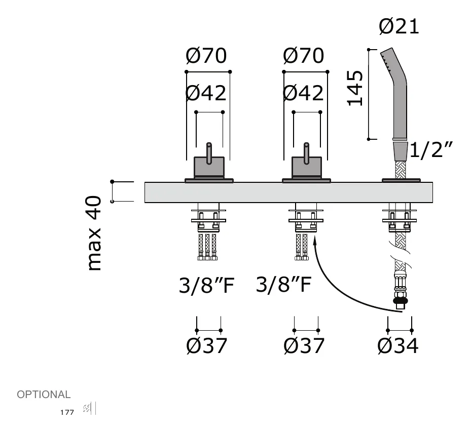 Deck Mounted Bath Set With Two Mixers, Handshower And Hose technical drawing with dimensions