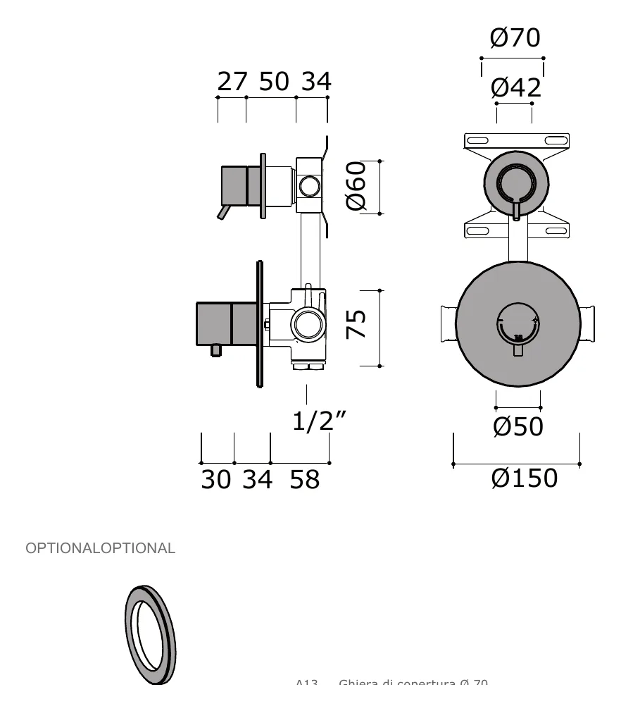 Concealed Thermostatic Set, One Shut-Off Valve technical drawing with dimensions