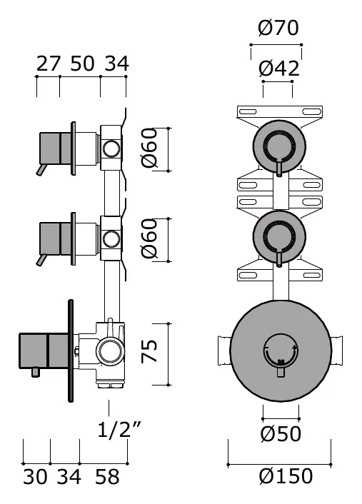 Concealed Thermostatic Set, Two Shut-Off Valves technical drawing with dimensions