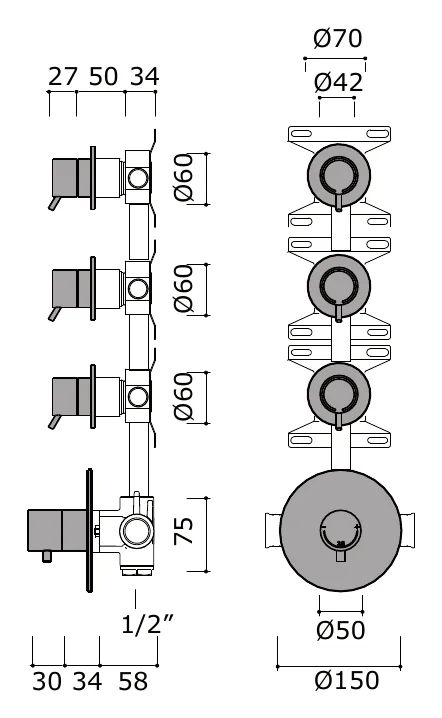 Concealed Thermostatic Set, Three Shut-Off Valves technical drawing with dimensions