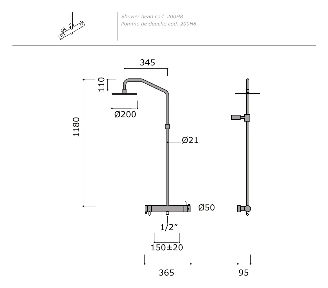 External Shower Set With Two Thermostatic Mixers And 200 mm Head technical drawing with dimensions