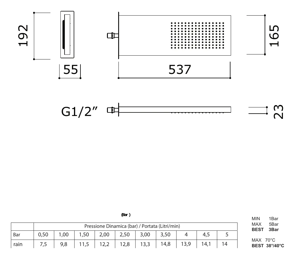 Single Inlet Wall Mounted Rain Shower Head technical drawing with dimensions