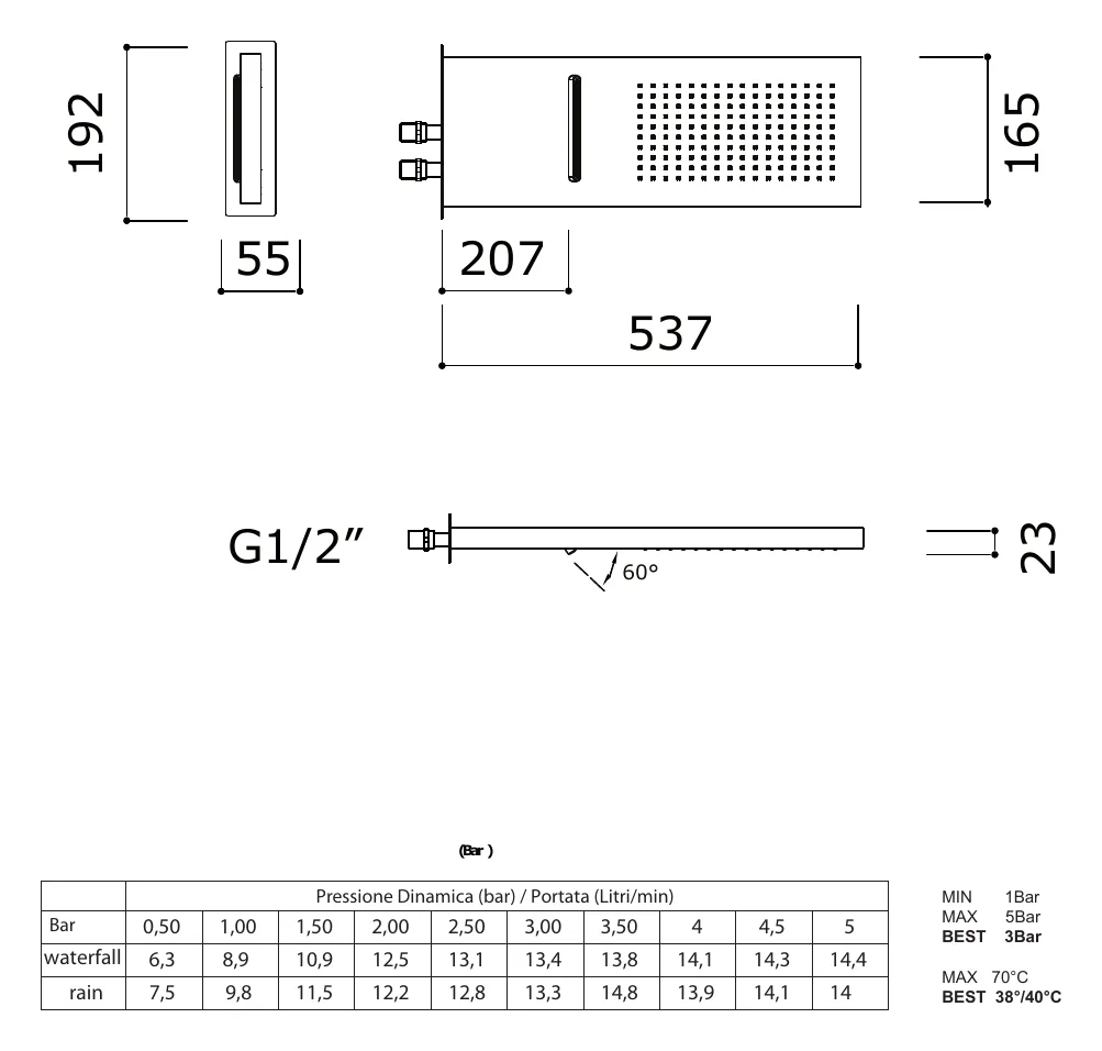 Dual Spray Wall Mounted Rain Shower Head technical drawing with dimensions