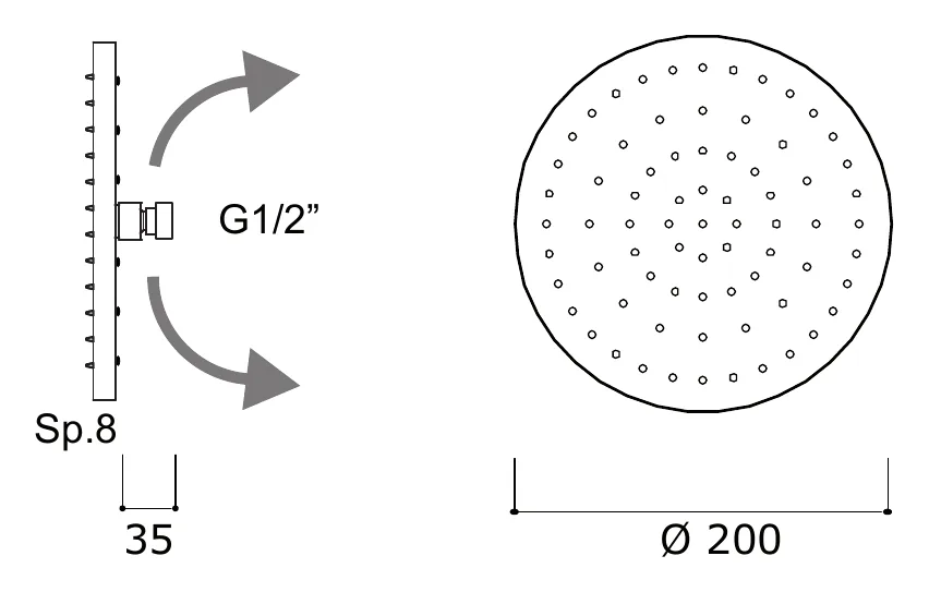 200 mm Inspectable Low Profile Shower Head technical drawing with dimensions