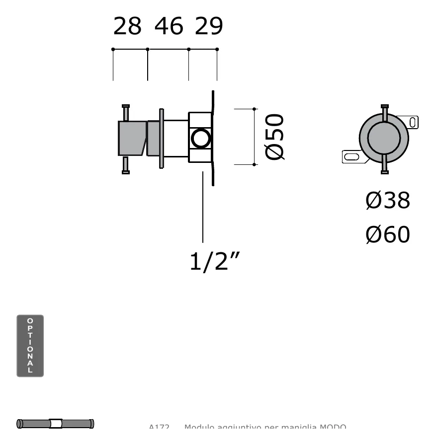 Exposed Wall Mounted Shower Mixer in 316L Steel technical drawing with dimensions