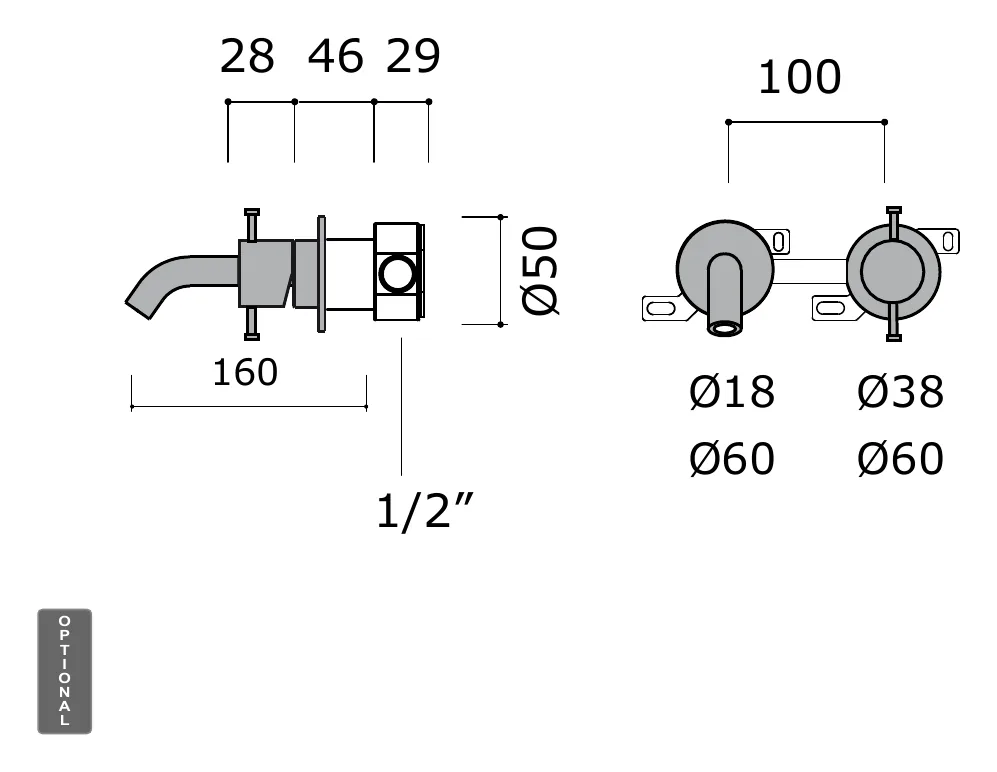 Wall Mounted Basin Set with 18mm Spout and Separate Control technical drawing with dimensions