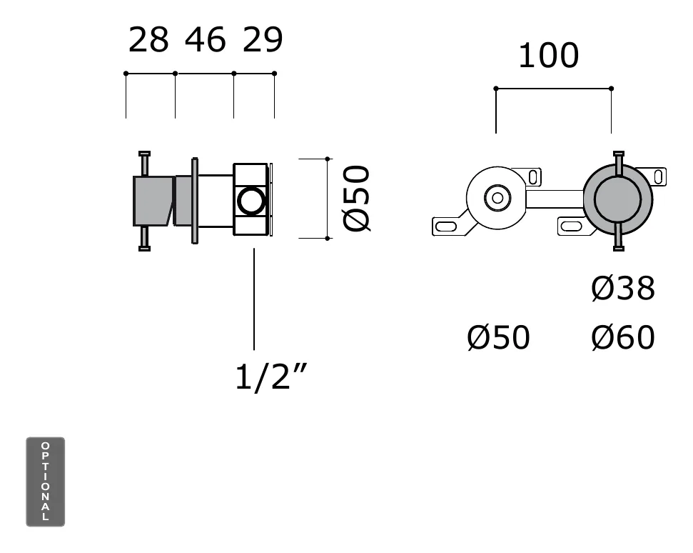 Concealed Wall Mounted Bath Mixer Without Spout technical drawing with dimensions