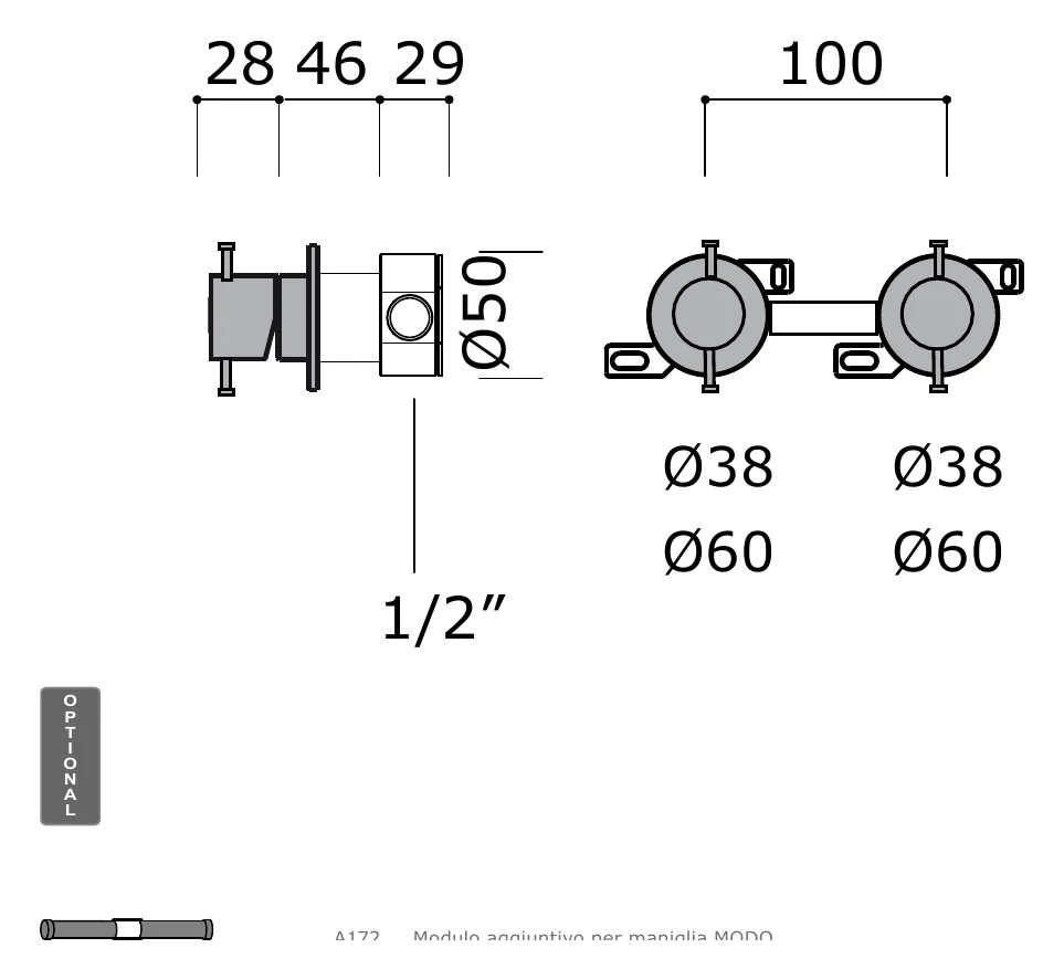 Exposed Wall Mixer Set with Two Way Diverter, 316L technical drawing with dimensions