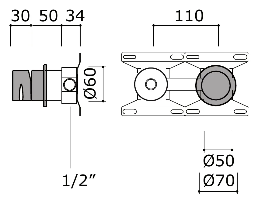 Concealed Wall Mounted Shower Control Plate technical drawing with dimensions