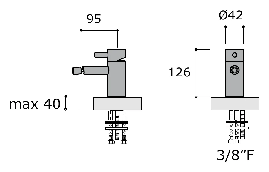 Deck Mounted Bidet Mixer Without Pop Up Waste technical drawing with dimensions