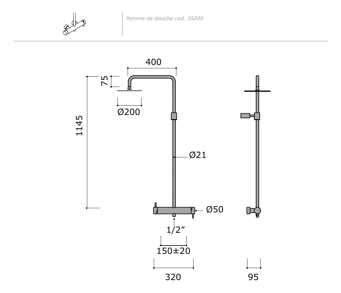 Twin Mixer Outdoor Shower Set with 200 mm Head technical drawing with dimensions