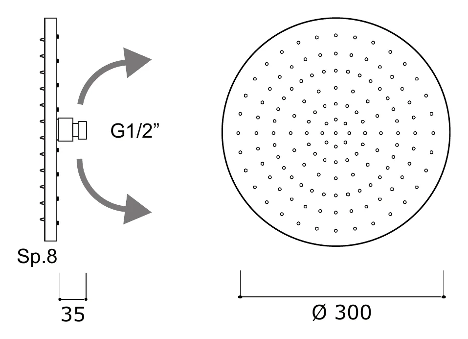 300 mm Inspectable Adjustable Rain Shower Head technical drawing with dimensions