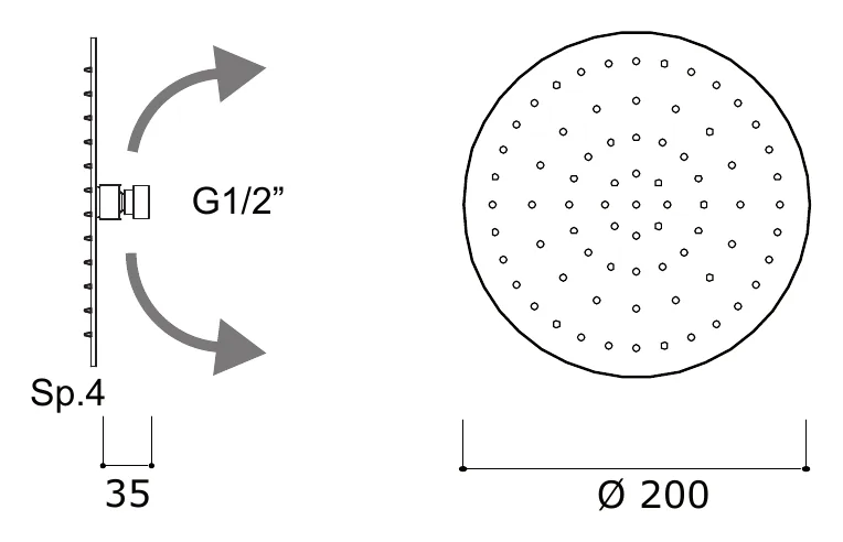 200 mm Round Adjustable Rain Shower Head technical drawing with dimensions