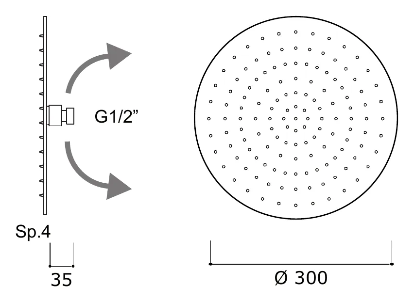 300 mm Round Adjustable Rain Shower Head technical drawing with dimensions