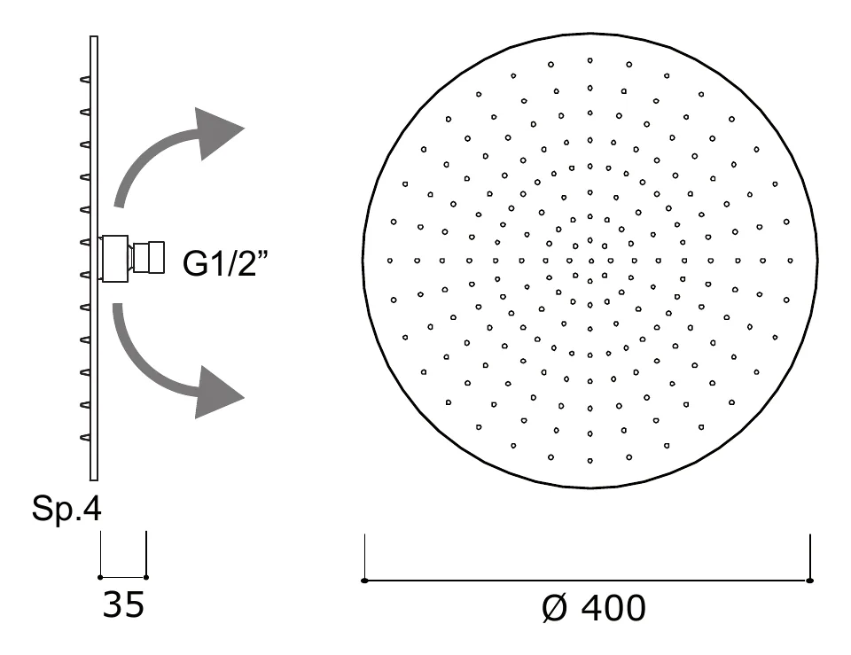400 mm Round Adjustable Rainfall Shower Head technical drawing with dimensions