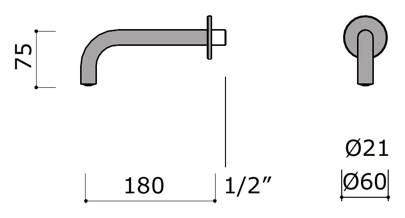 Wall Mounted Spout for Concealed Basin Fittings technical drawing with dimensions