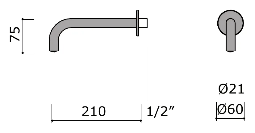 Long Reach Wall Spout for Deep Wash Basins technical drawing with dimensions