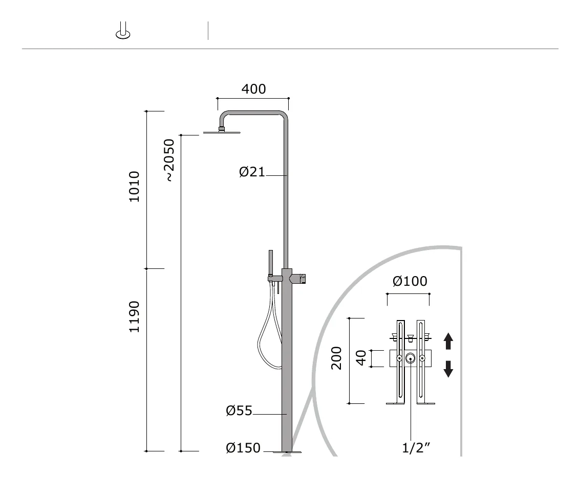 Freestanding Shower Set with Handshower and Diverter technical drawing with dimensions
