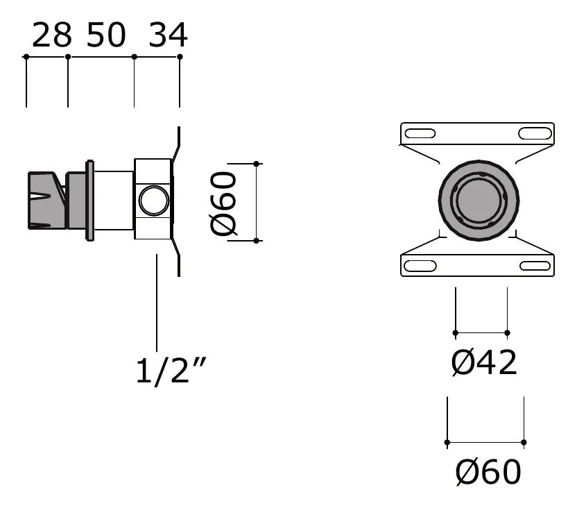 Concealed Wall Mounted Shower Mixer technical drawing with dimensions