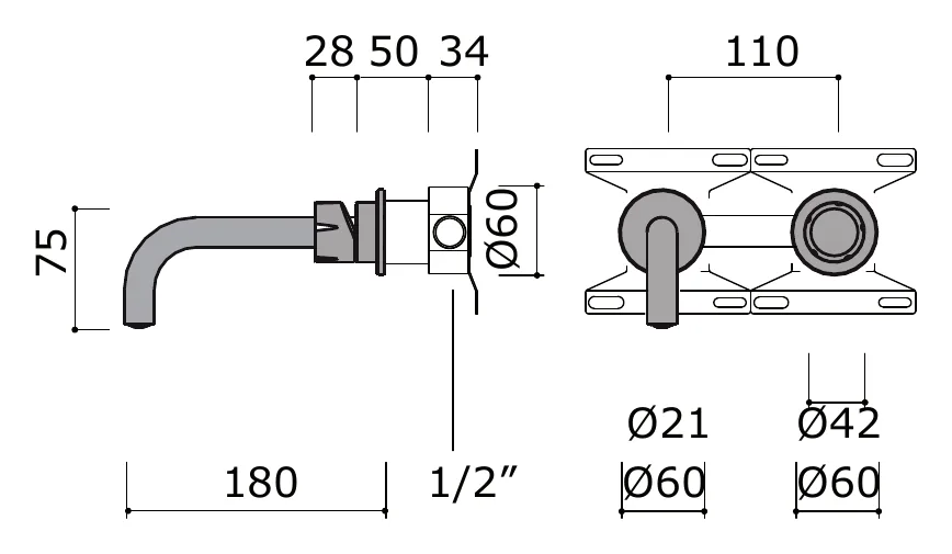 Wall Mounted Basin Set with 180 mm Spout technical drawing with dimensions