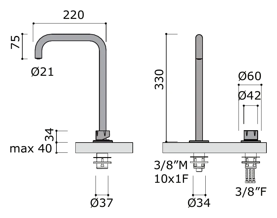Two Hole Deck Mounted Basin Mixer Set technical drawing with dimensions