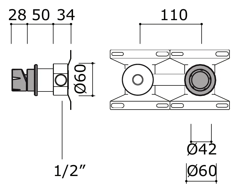 Concealed Wall Mounted Mixer Without Spout technical drawing with dimensions