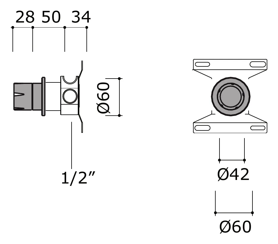 Concealed Two Way Wall Mounted Diverter technical drawing with dimensions