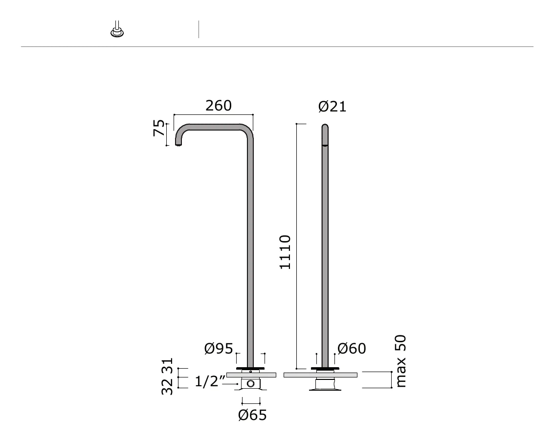 Floor Standing Freestanding Basin Spout technical drawing with dimensions