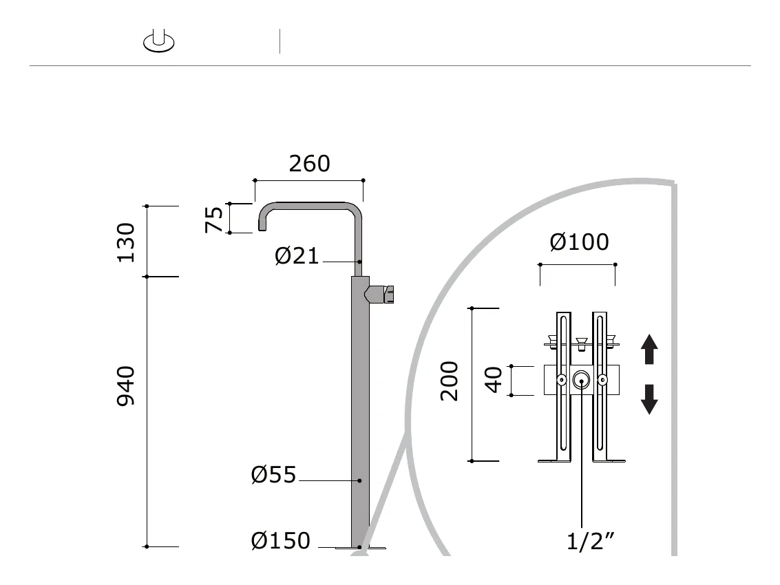 Floor Standing Freestanding Basin Mixer technical drawing with dimensions