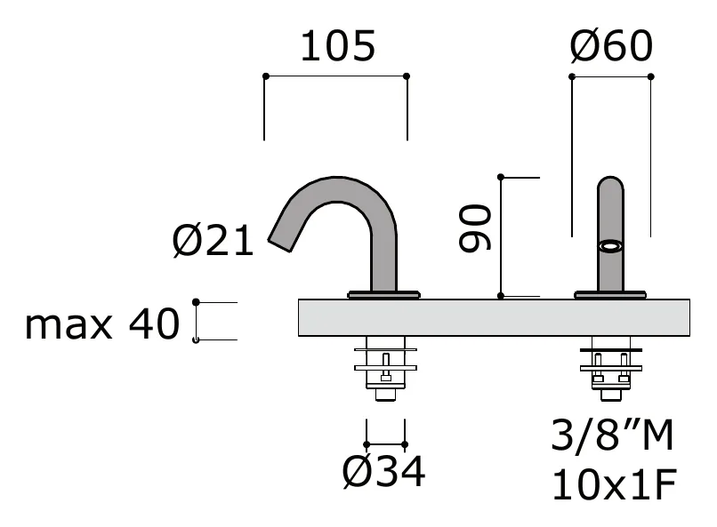 Deck Mounted Bidet Spout technical drawing with dimensions