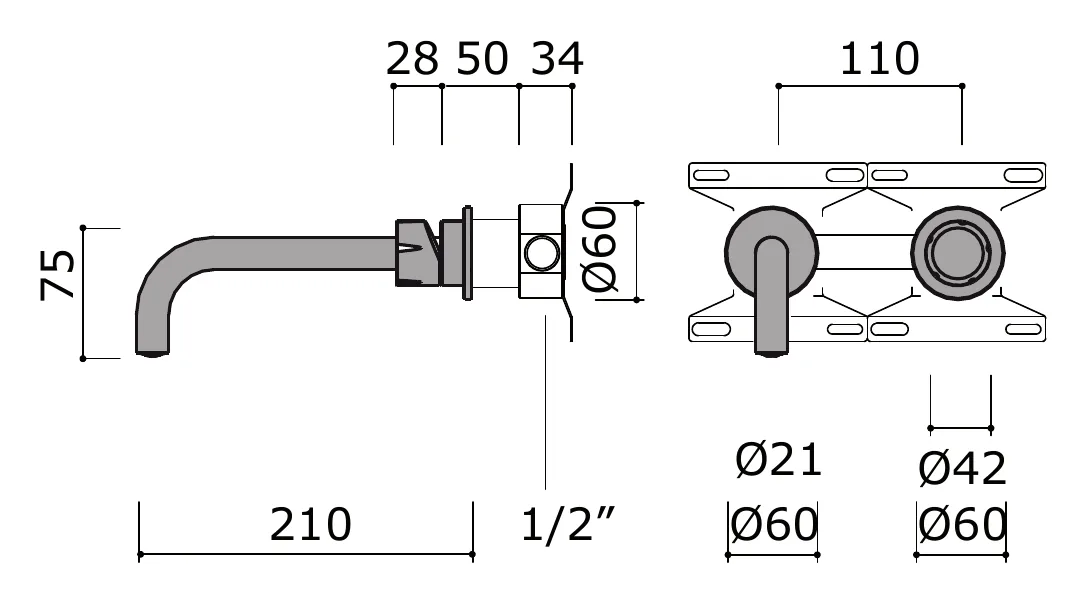 Wall Mounted Bathtub Set With Mixer And Spout technical drawing with dimensions