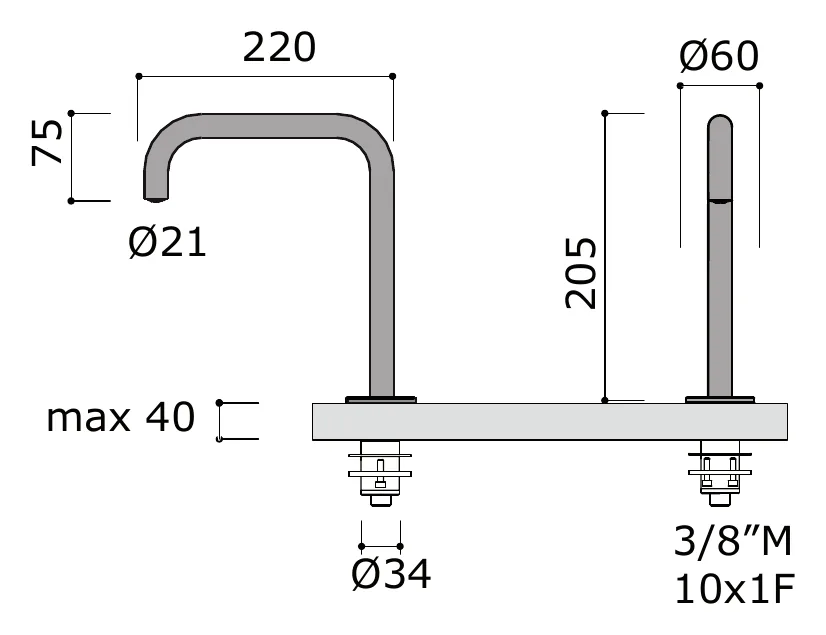Deck Mounted Basin And Bath Spout technical drawing with dimensions