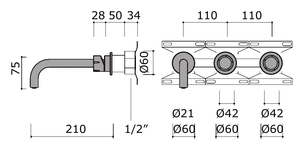 Wall Mounted Bath Set with Mixer, Diverter and Spout technical drawing with dimensions