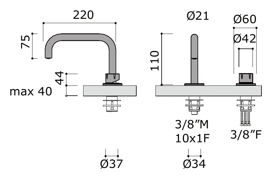 Deck Mounted Bath Set with Mixer and Spout technical drawing with dimensions