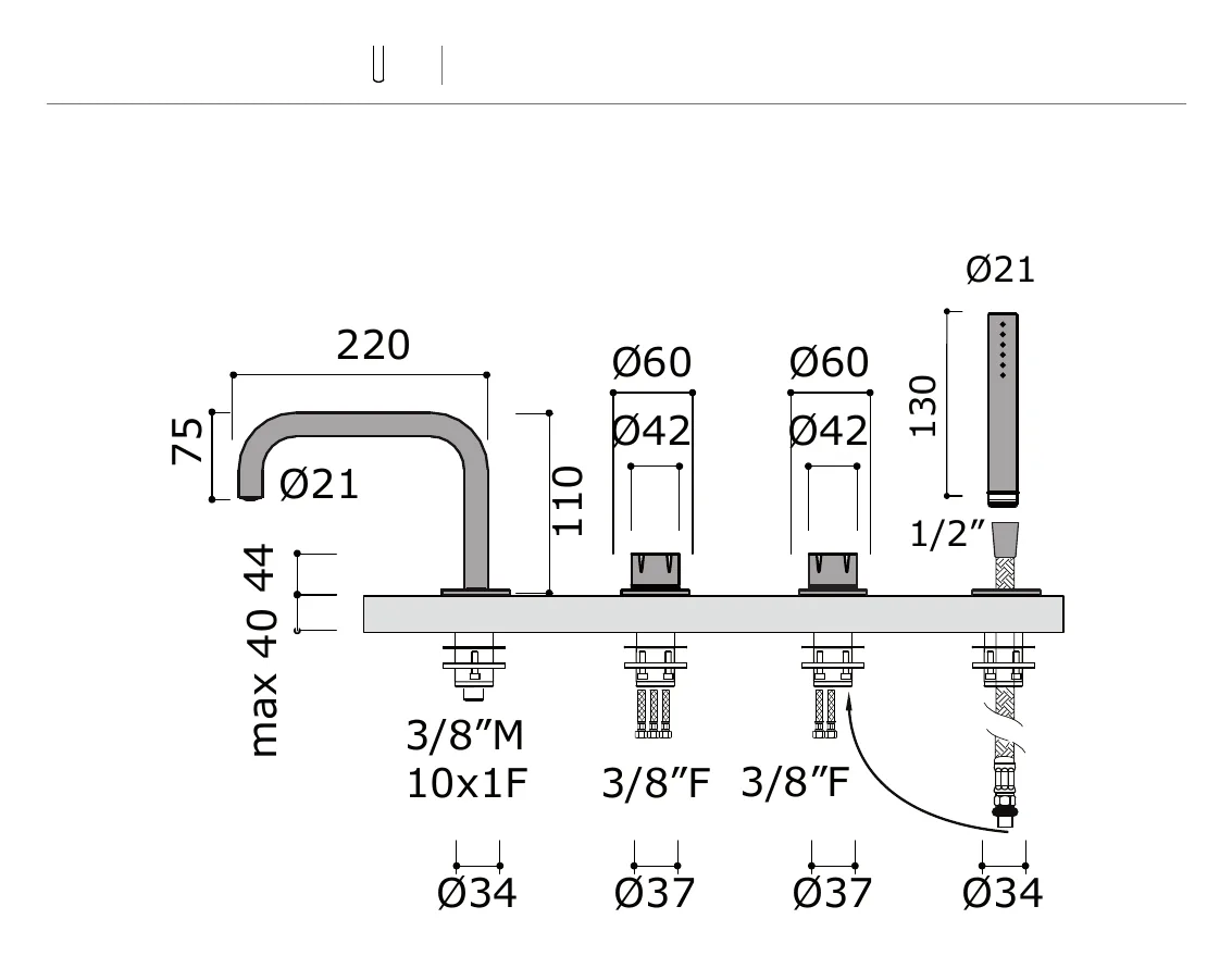 Deck Mounted Bath Set with Handshower and Two Mixers technical drawing with dimensions