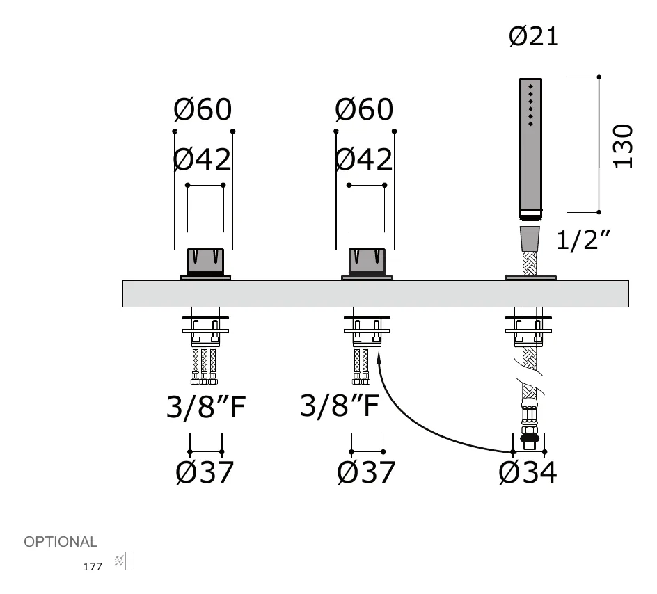 Deck Mounted Bath Shower Set, No Spout technical drawing with dimensions