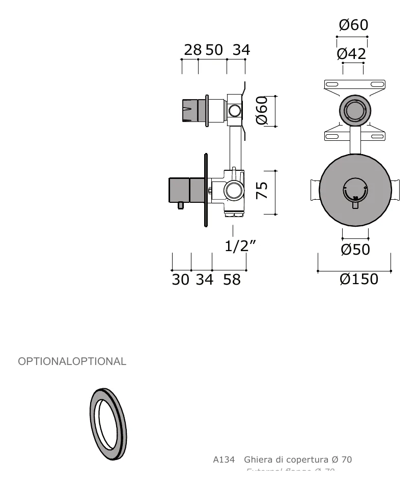 Concealed Thermostatic Set With One Shut-Off Valve technical drawing with dimensions