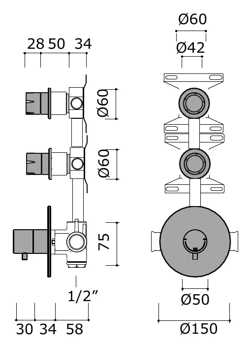 Concealed Thermostatic Set With Three Shut-Off Valves technical drawing with dimensions