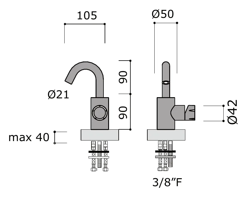 Deck Mounted Bidet Mixer, No Drain, 316L technical drawing with dimensions