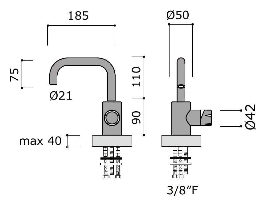 Deck Mounted Basin Mixer, No Drain, 316L technical drawing with dimensions