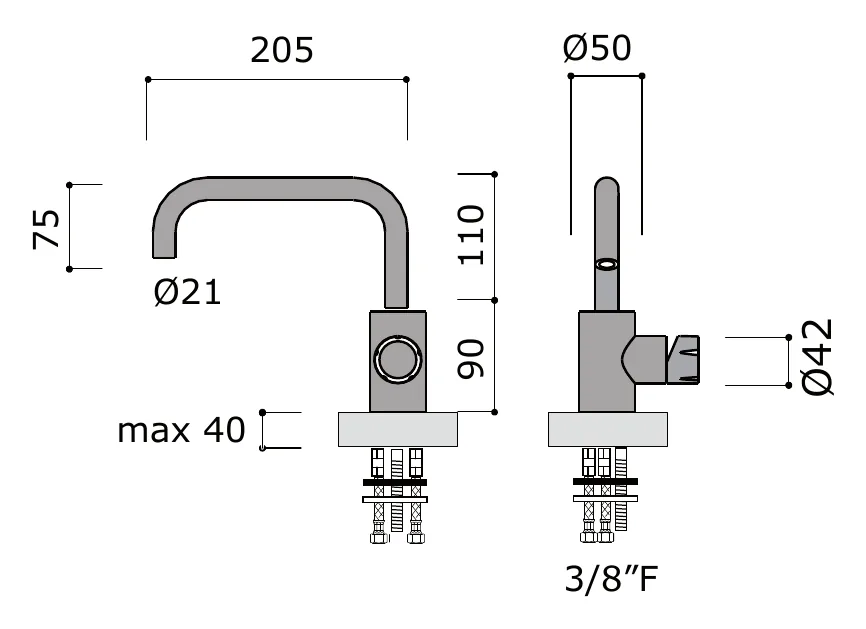 Deck Mounted Basin Mixer Without Pop Up Waste technical drawing with dimensions