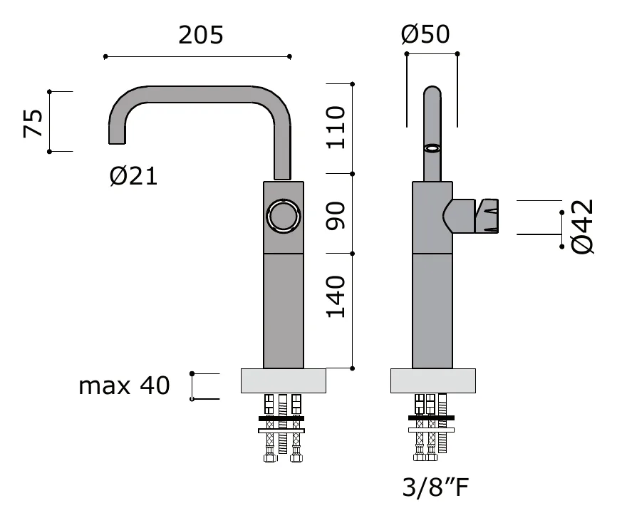 Basin Deck Mixer Supplied Without Drain technical drawing with dimensions