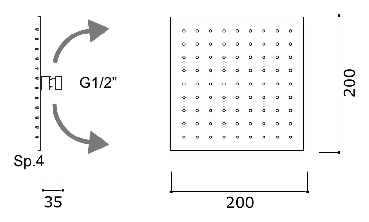 200 mm Square Adjustable Rain Shower Head technical drawing with dimensions