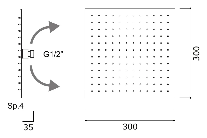 300 mm Square Adjustable Rain Shower Head technical drawing with dimensions